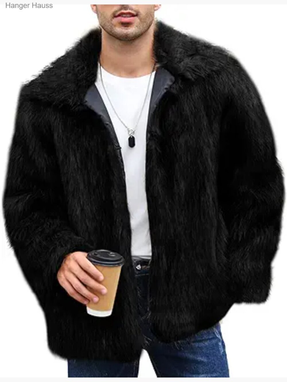 Mens Faux Fur Coat Winter Jacket Fluffy Lapel Long Sleeve Warm